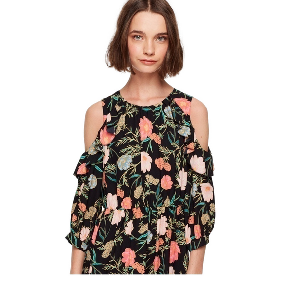 Kate Spade Blossom Floral Ruffled Black cold shoulder dress - Picture 3 of 8